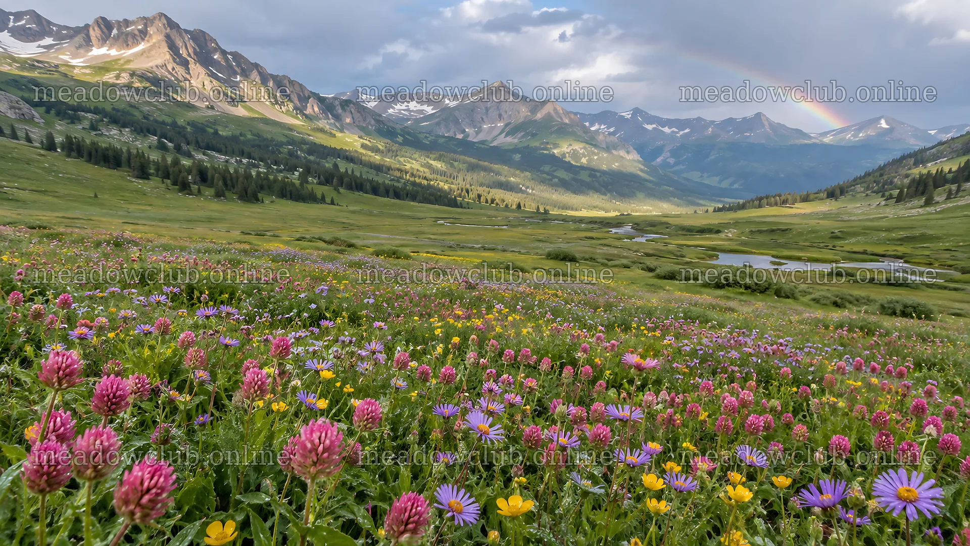 Wildflower Meadow Beneath Snowy Mountains and Rainbow – meadow photos 10324x5812