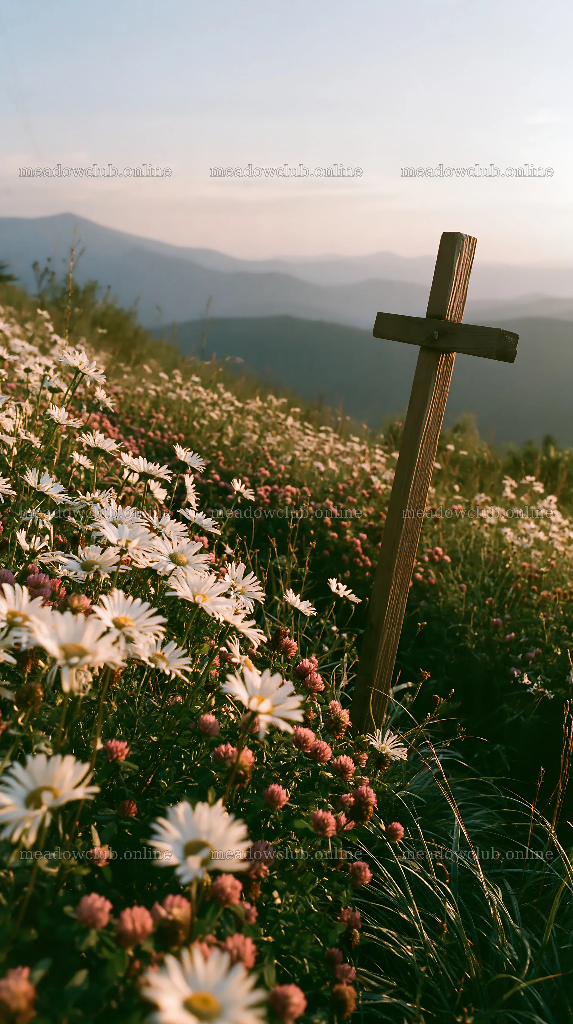 Christian cross above a secluded mountain meadow – meadow photos 5938x10608