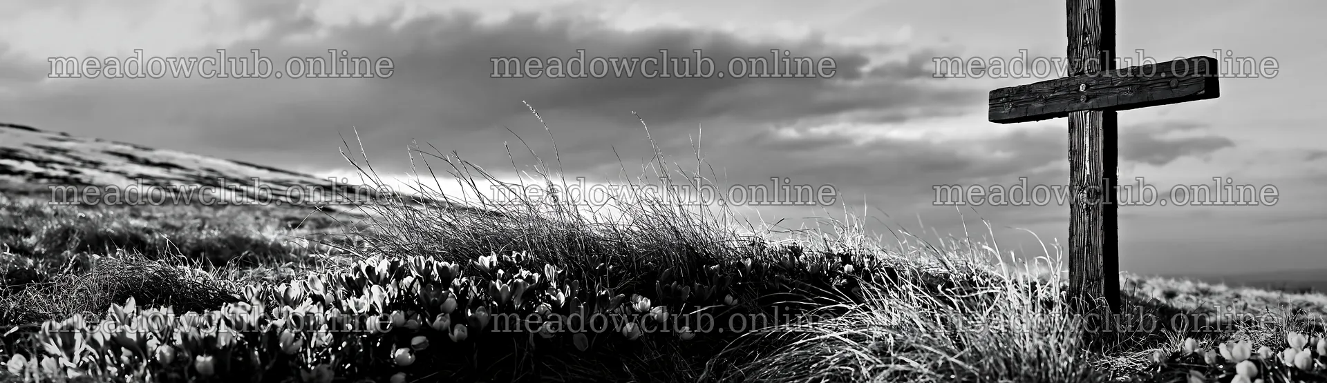 Rustic Christian cross stands in winter meadow – meadow photos 14762x4268