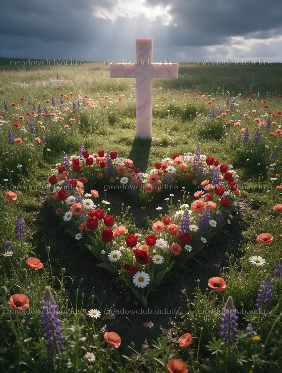Marble Christian cross in meadow surrounded by flowers – meadow photos 6898x9134