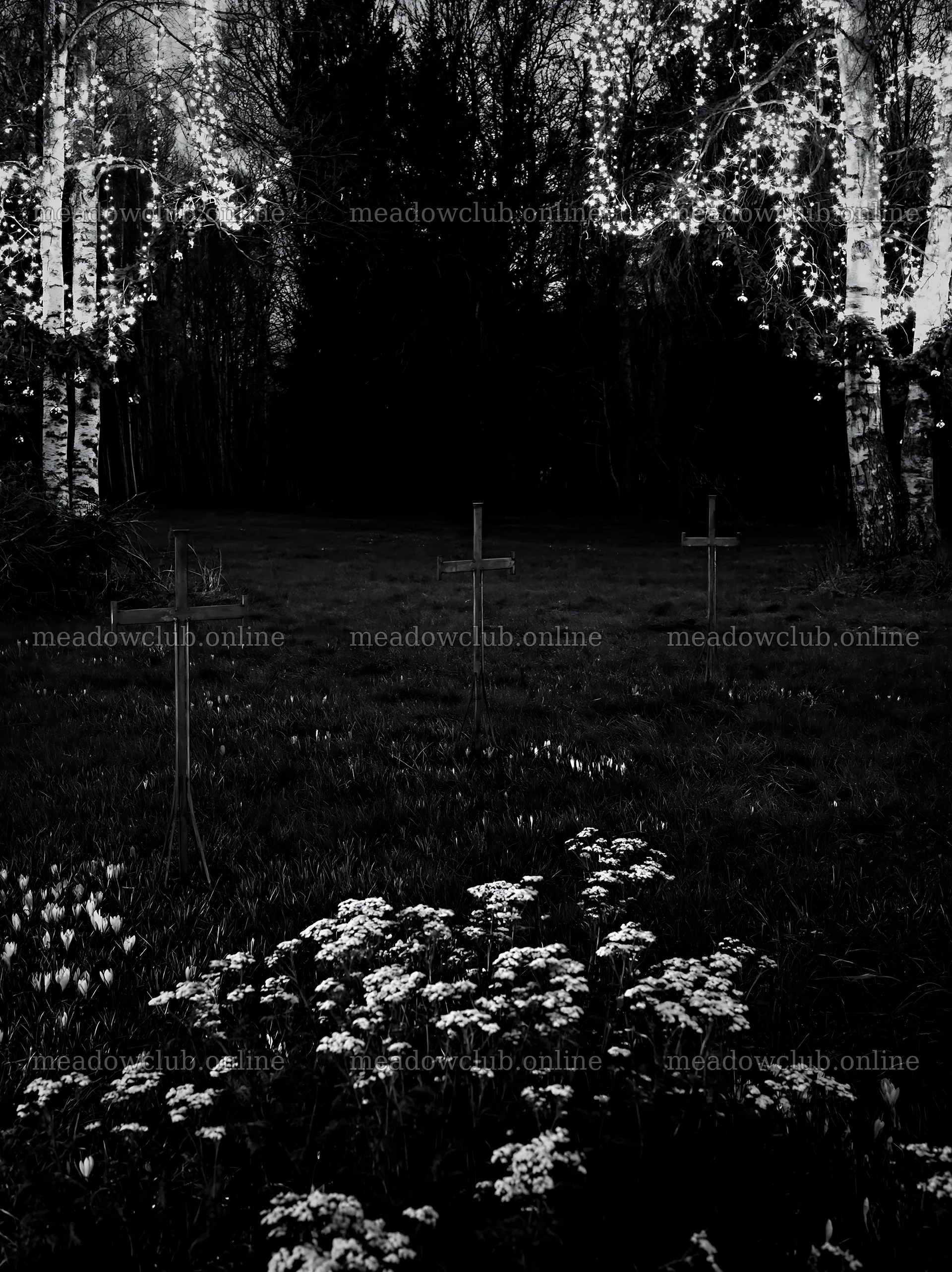 Three iron crosses in Advent meadow during dusk – meadow photos 6866x9174