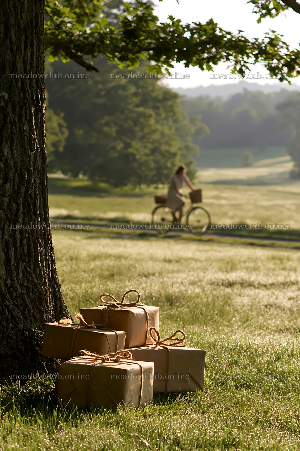 Bicyclist delivers gifts near a tree in a meadow – meadow photos 6480x9722