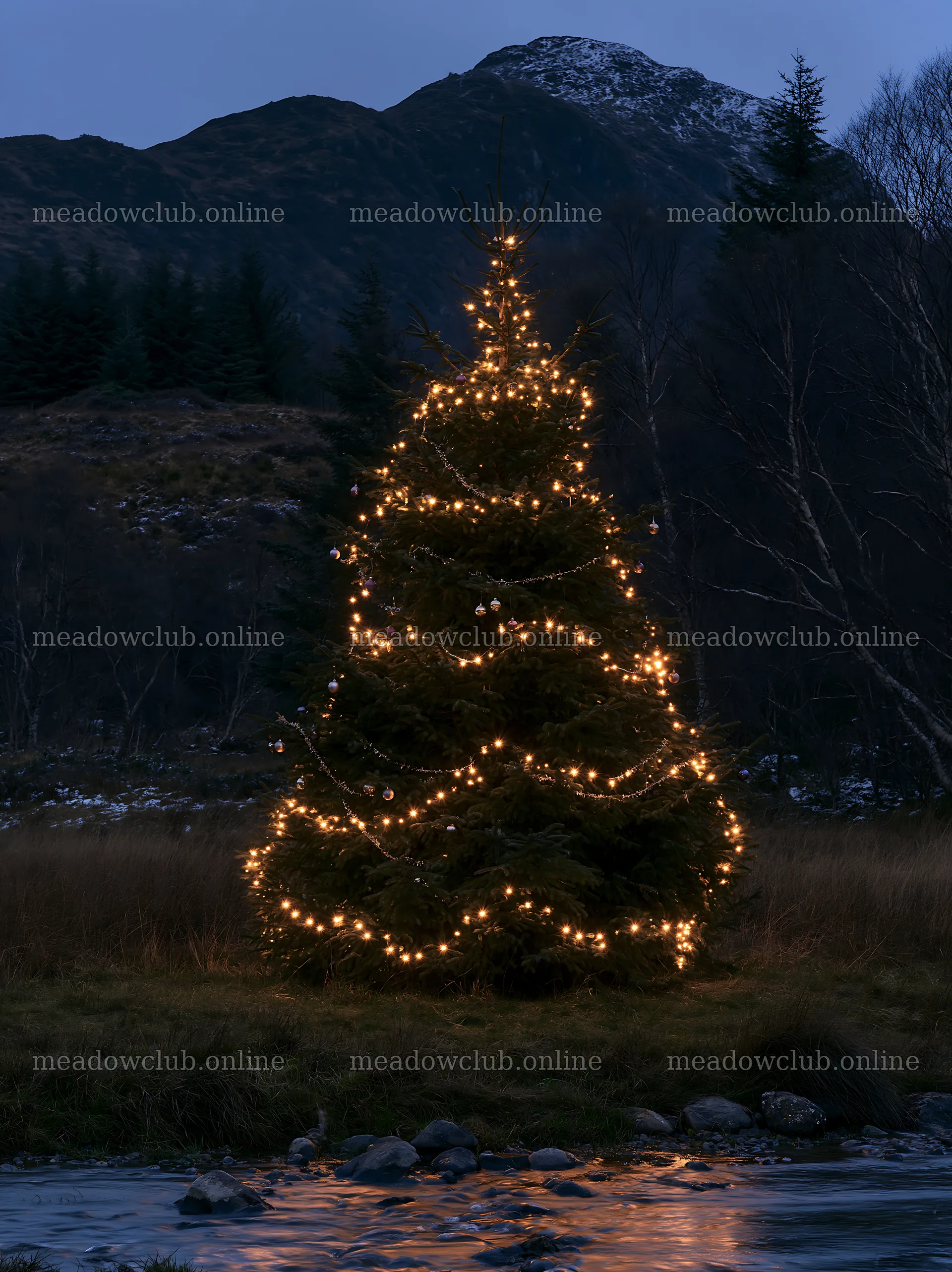 Christmas tree with lights beside stream in meadow – meadow photos 6866x9174