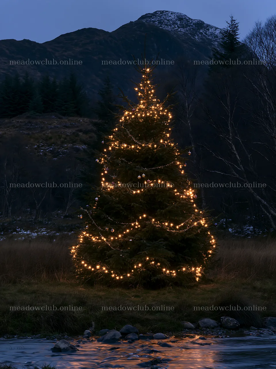 Christmas tree with lights beside stream in meadow – meadow photos 6866x9174