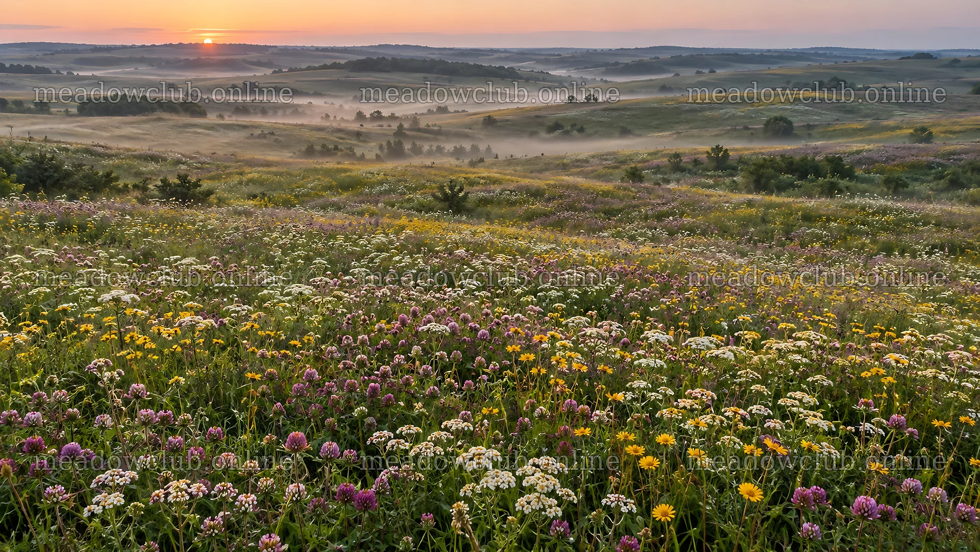 Wildflower Meadow in Morning Mist at Sunrise – meadow photos 10324x5812