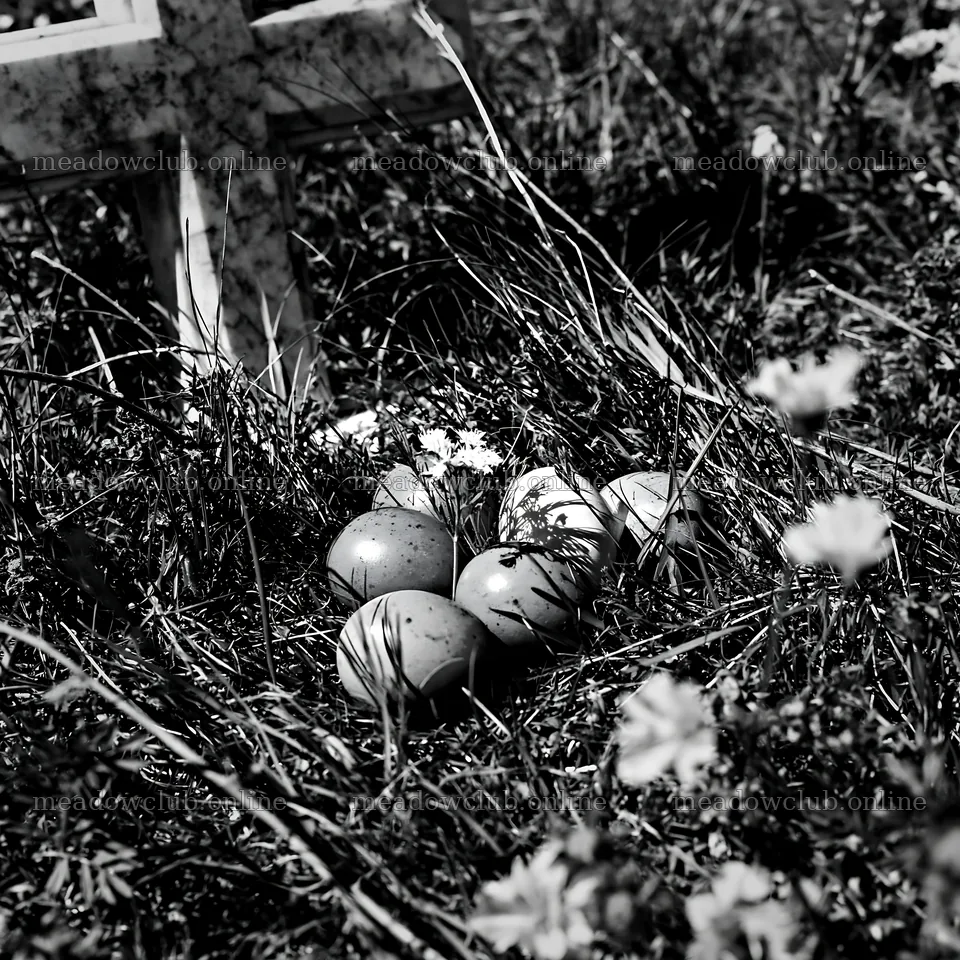 White Christian cross in a Christmas meadow with colorful eggs – meadow photos 7938x7938