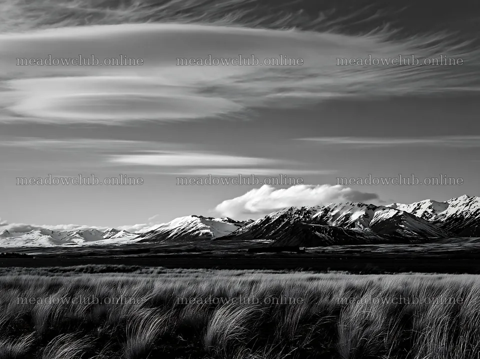 Snowy alps and meadow at Lake Tekapo in black and white – meadow photos 9174x6866