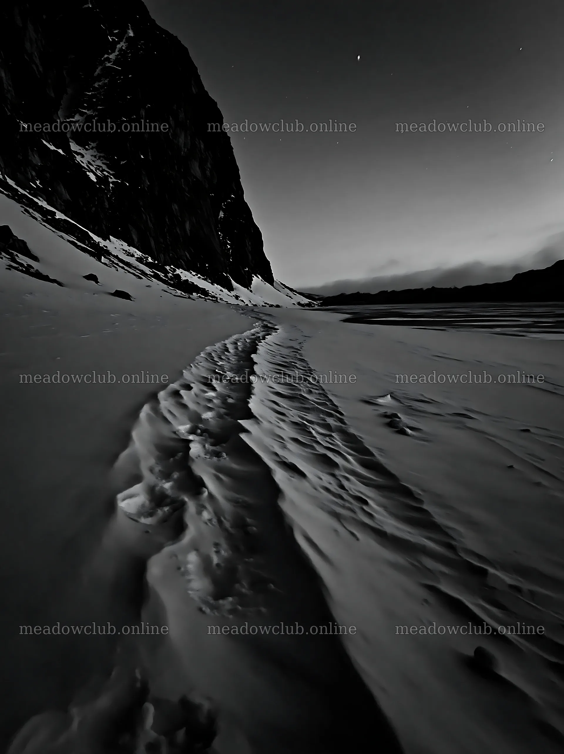 Snowy lakeside meadow at dusk with snow-covered trail – meadow photos 6866x9174