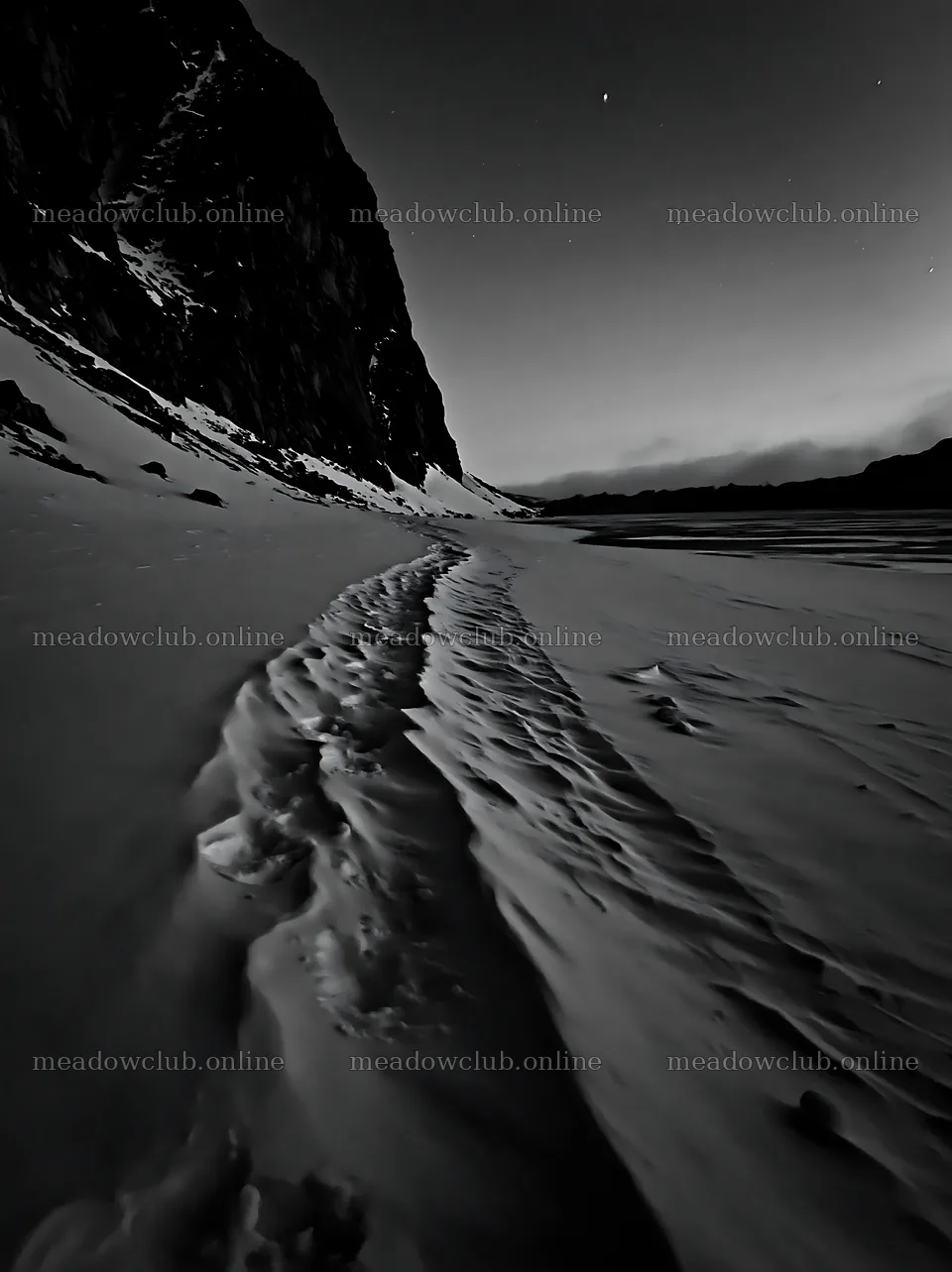 Snowy lakeside meadow at dusk with snow-covered trail – meadow photos 6866x9174
