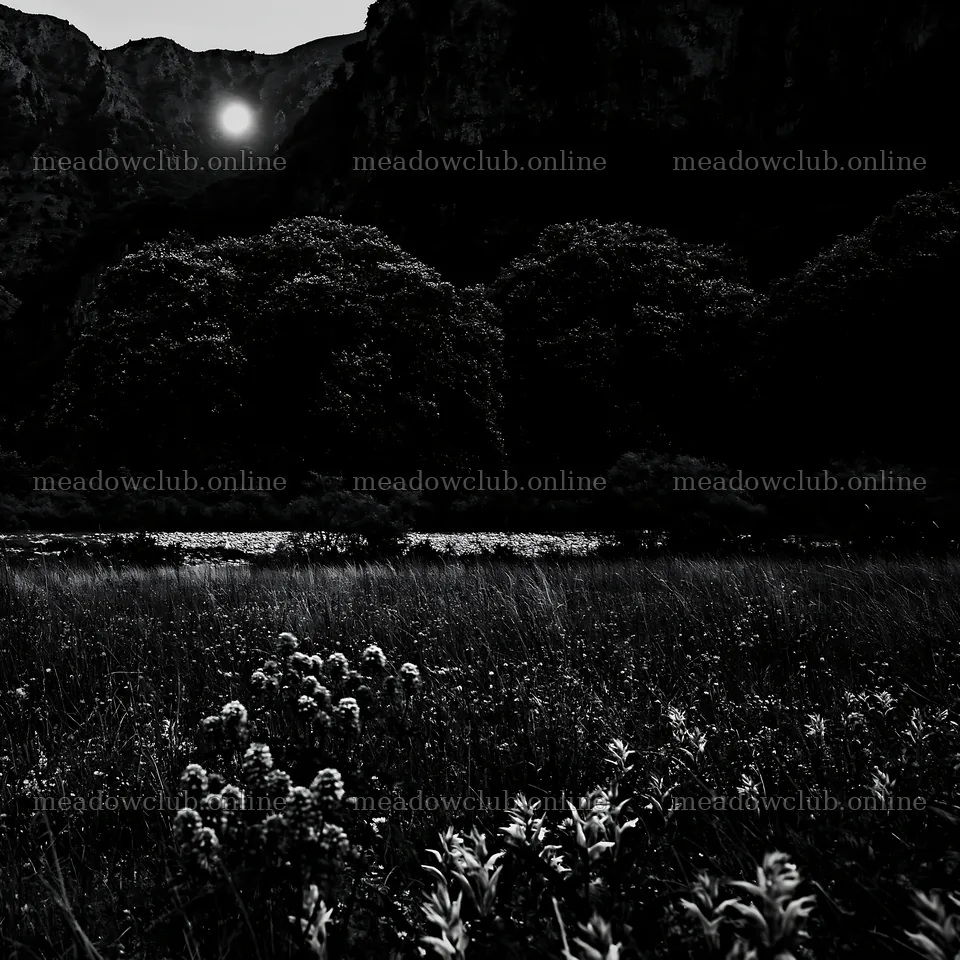 Moonlit meadow under a mountain with dark trees – meadow photos 7938x7938