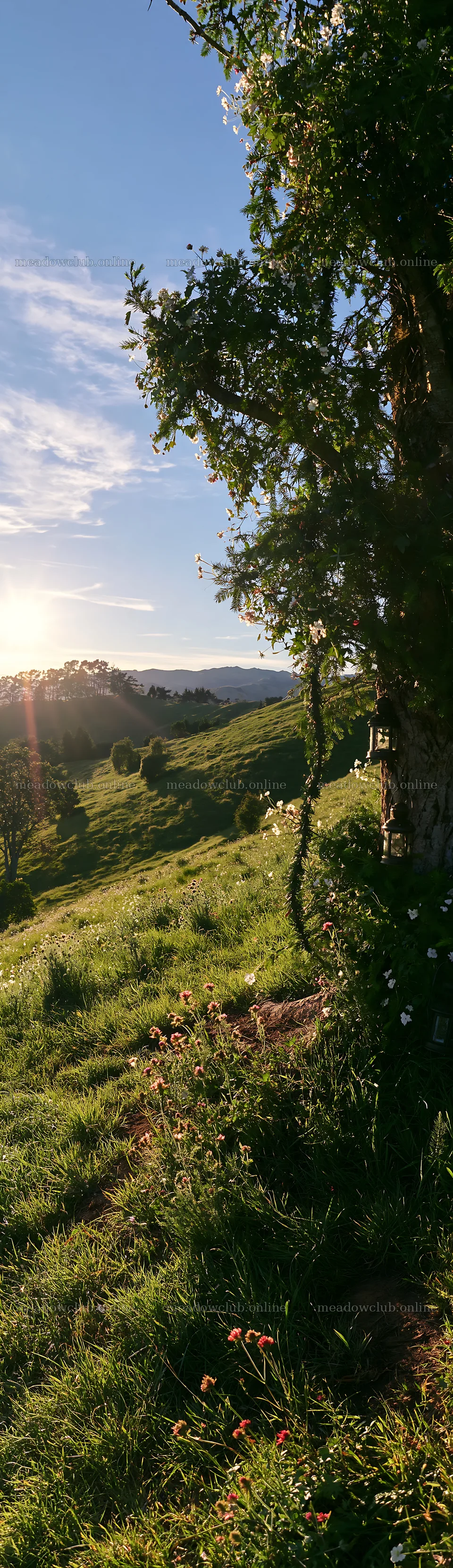Christmas tree in a meadow with afternoon rays of sunlight – meadow photos 4268x14762