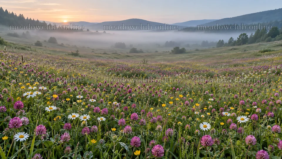 Wildflower Meadow at a Misty Mountain Sunrise – meadow photos 10324x5812