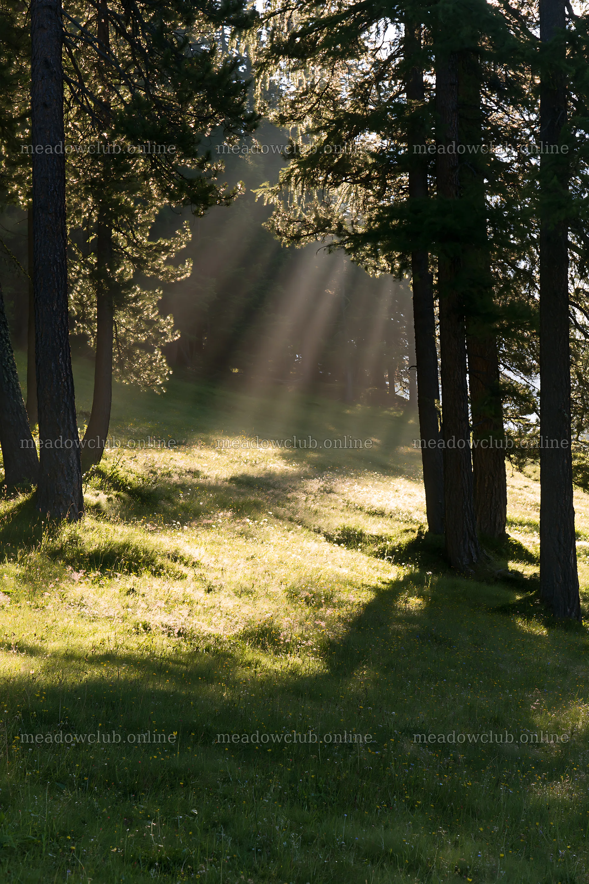 Sunbeams shining through trees on Alpe di Siusi meadow – meadow photos 6480x9722