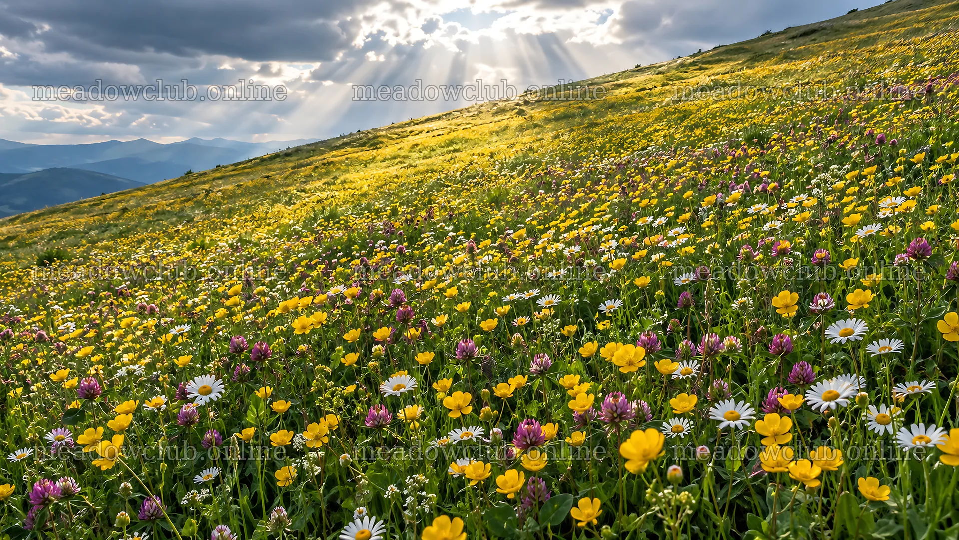 Sunlit Wildflower Meadow on a Mountain Slope – meadow photos 10324x5812