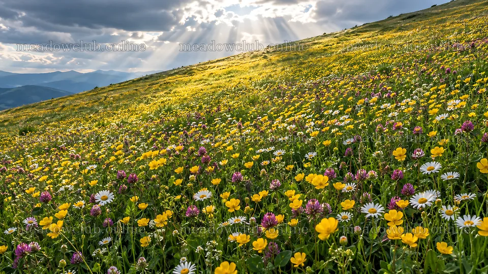 Sunlit Wildflower Meadow on a Mountain Slope – meadow photos 10324x5812