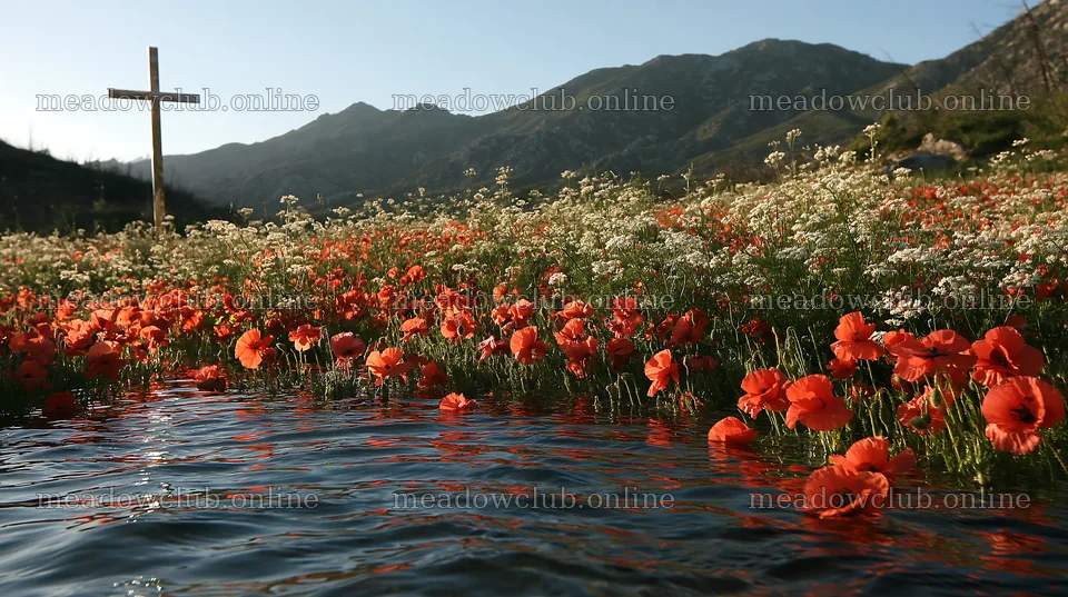 Christian cross beside mineral spring meadow with flowers – meadow photos 10608x5938