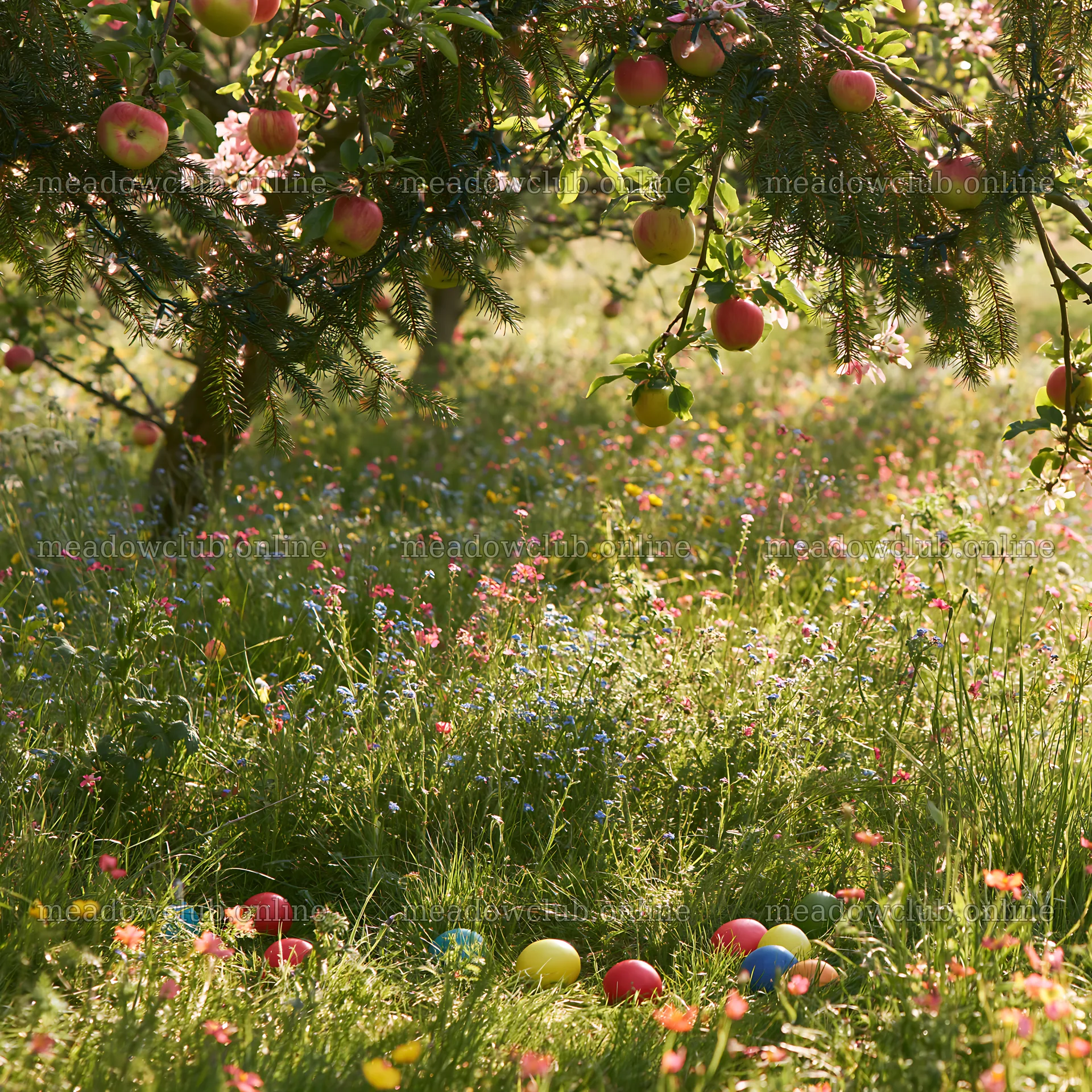 Apple trees with garlands in a Christmas meadow – meadow photos 7938x7938