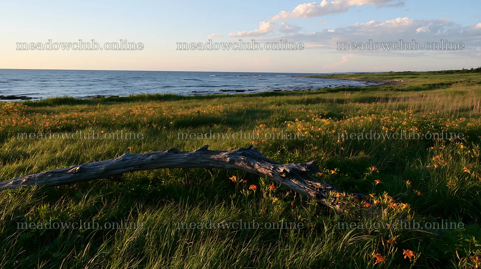 Chiba coastal climate meadow with driftwood in foreground – meadow photos 10608x5938