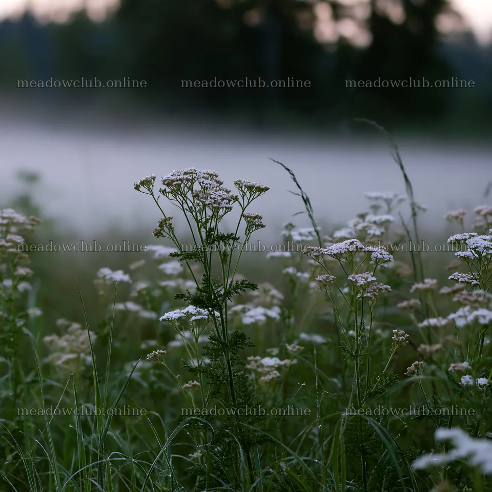 Yarrow meadow bloom in evening light with mist – meadow photos 7938x7938
