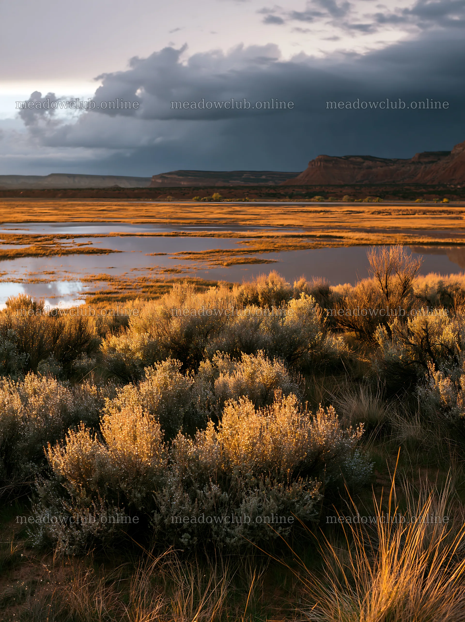 Sagebrush meadow with light reflecting on wetland area – meadow photos 6866x9174
