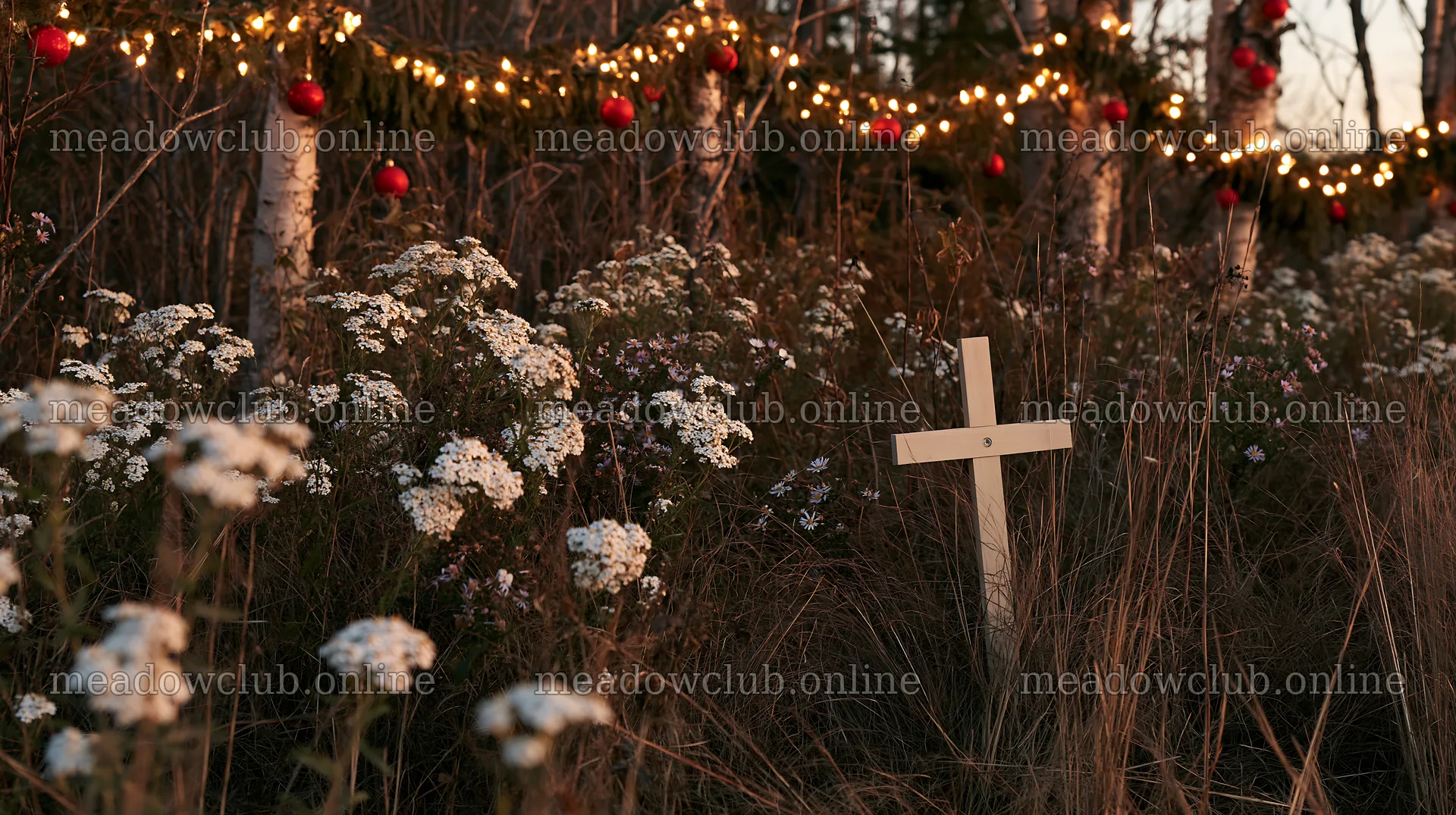 Christian cross in meadow with flowers and lights at sunrise – meadow photos 10608x5938