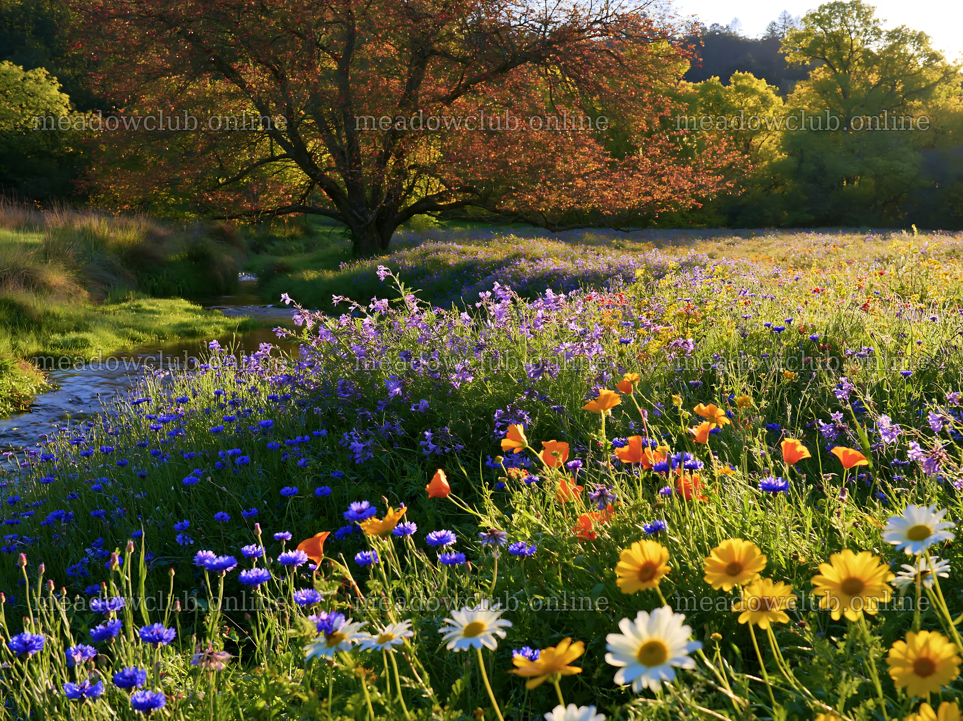 Christmas tree beside stream in meadow with wildflowers – meadow photos 9174x6866