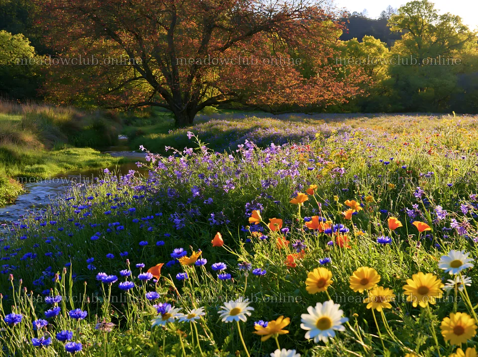 Christmas tree beside stream in meadow with wildflowers – meadow photos 9174x6866