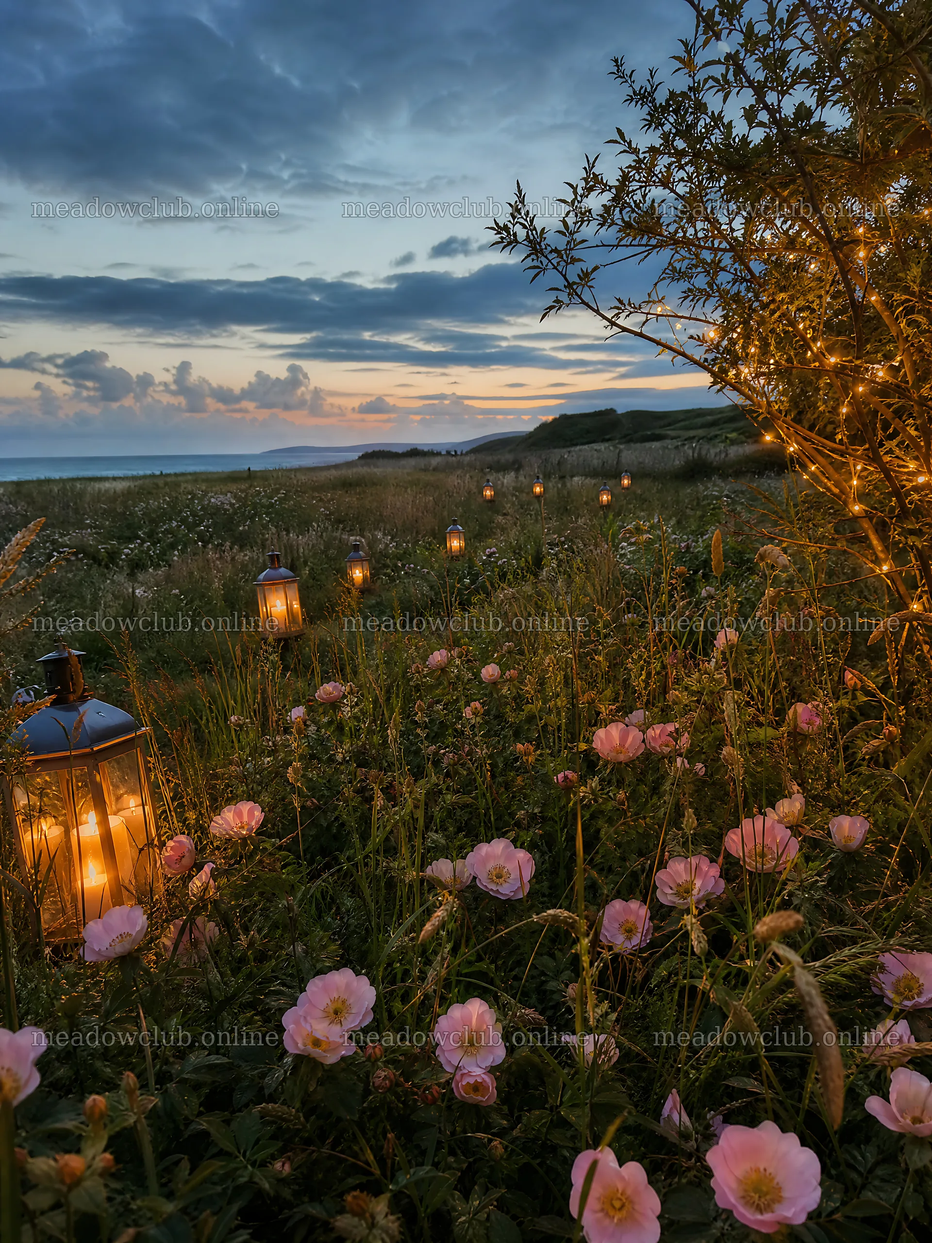 Vibrant Christmas lights glowing in meadow at dusk – meadow photos 6874x9166