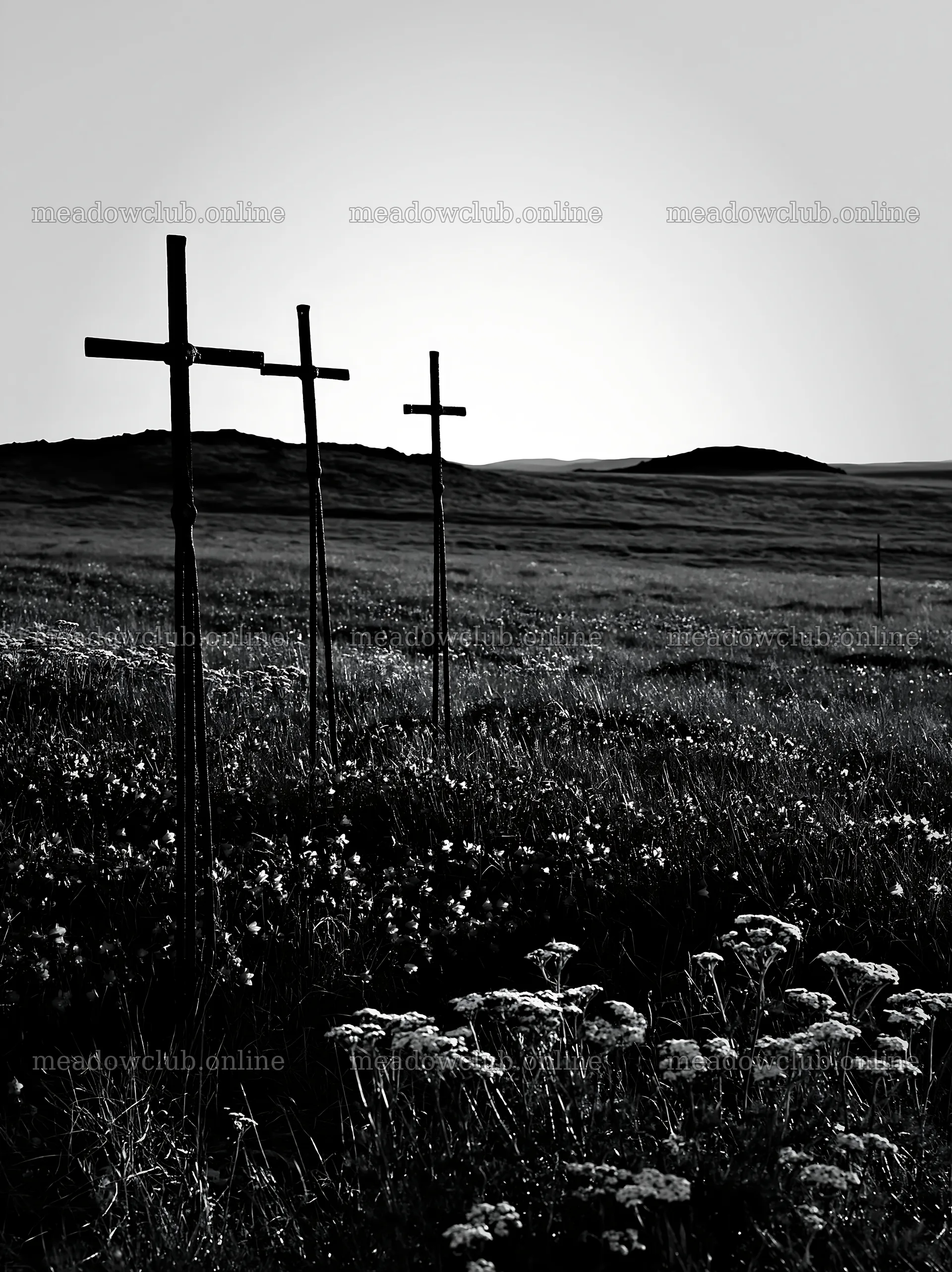 Three iron crosses in Advent meadow at sunset – meadow photos 6866x9174