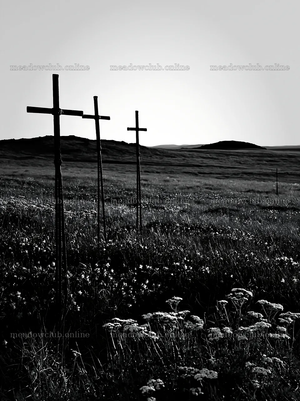 Three iron crosses in Advent meadow at sunset – meadow photos 6866x9174