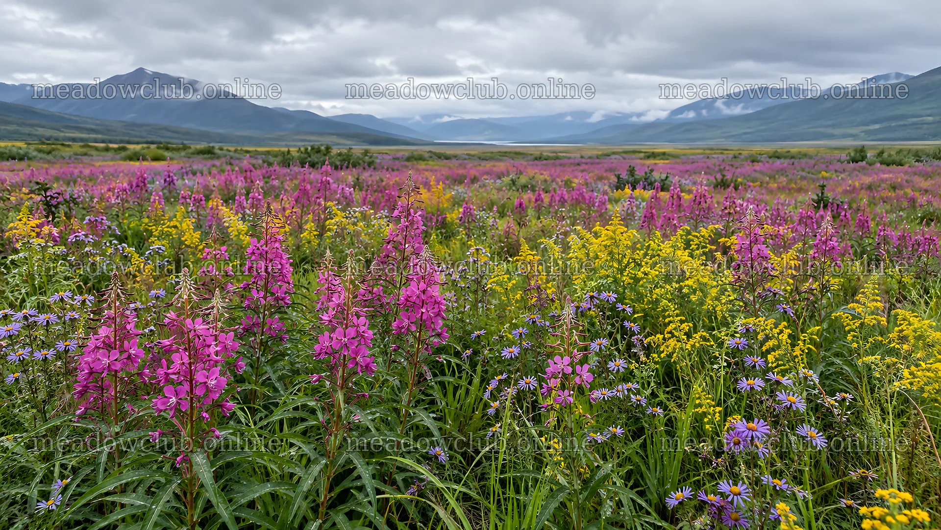 Colorful Wildflowers Beneath Cloudy Mountains – meadow photos 10324x5812
