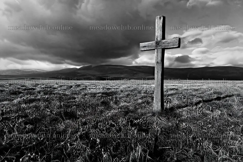 Christian cross in winter meadow with sunlight – meadow photos 9722x6480