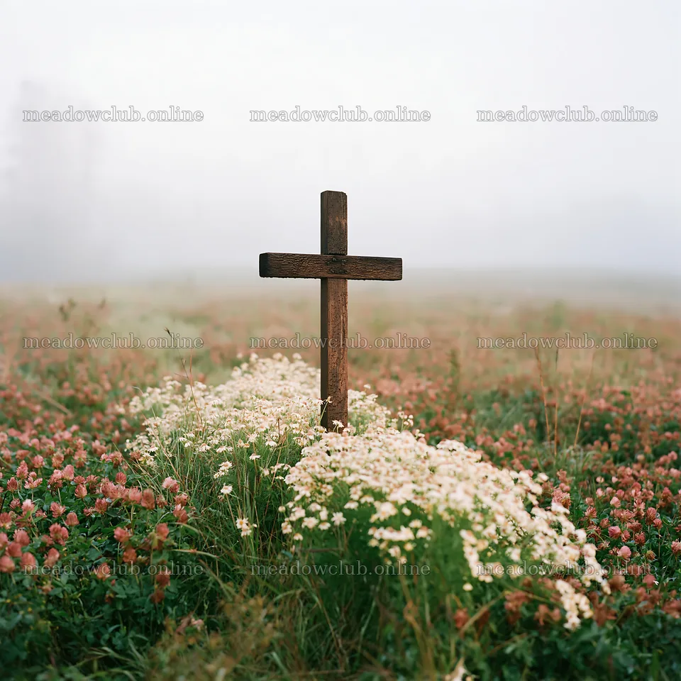 Christian cross in Christmas meadow with flowers – meadow photos 7938x7938