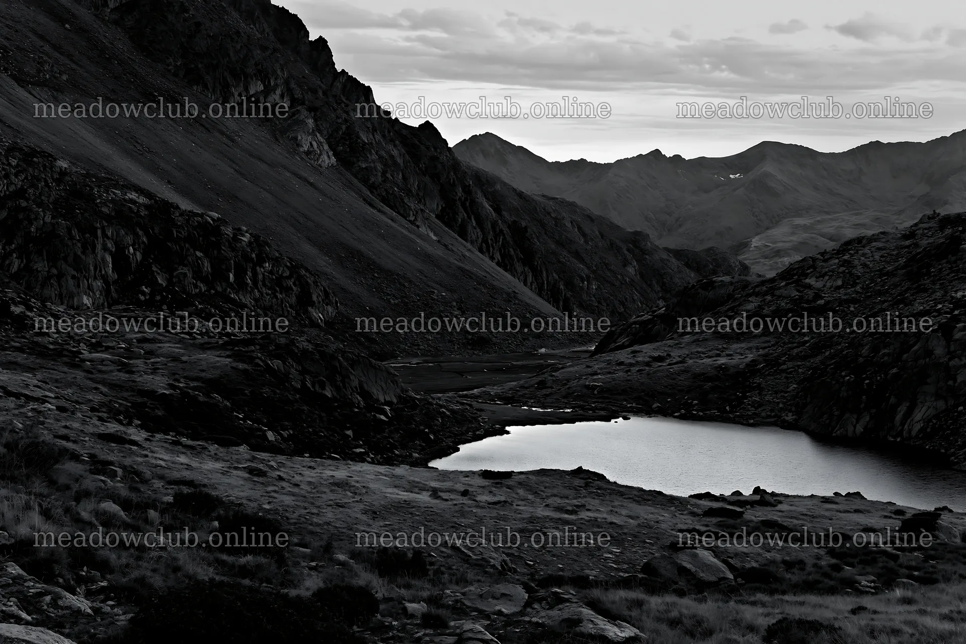 Celestial meadow lake at dusk surrounded by mountain ranges – meadow photos 9722x6480