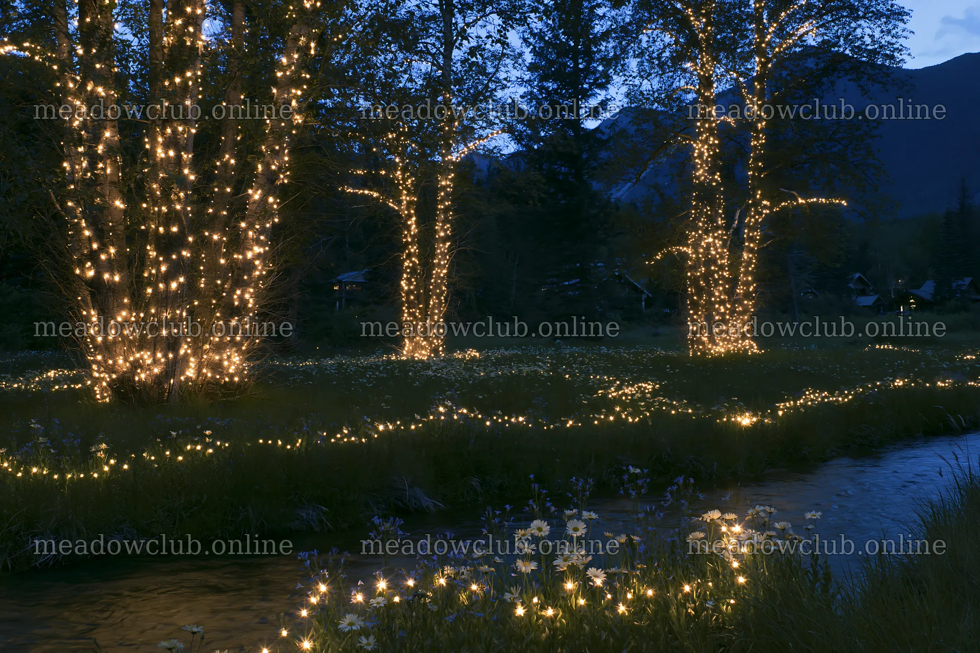 Christmas lights beside stream in meadow at dusk – meadow photos 9722x6480