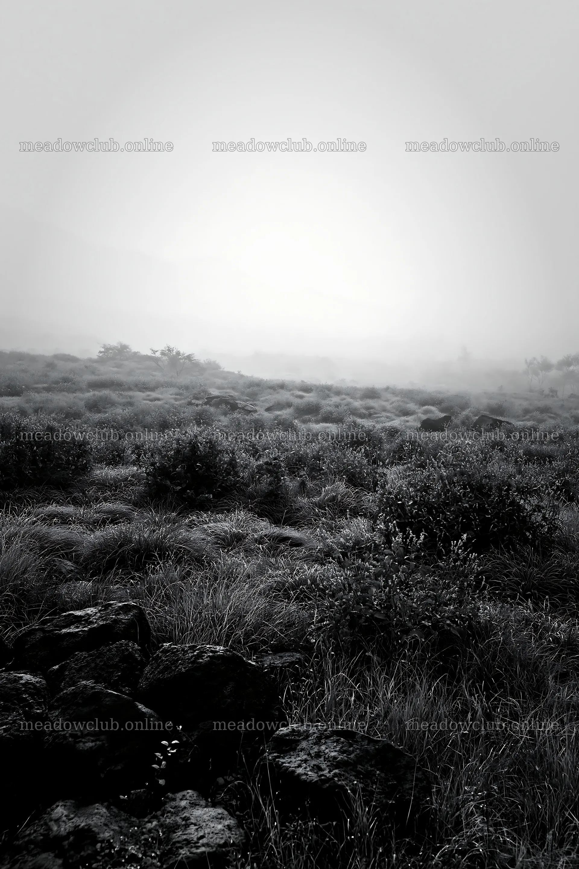 Yamanashi regenerative meadow with basalt stones in morning fog – meadow photos 6480x9722