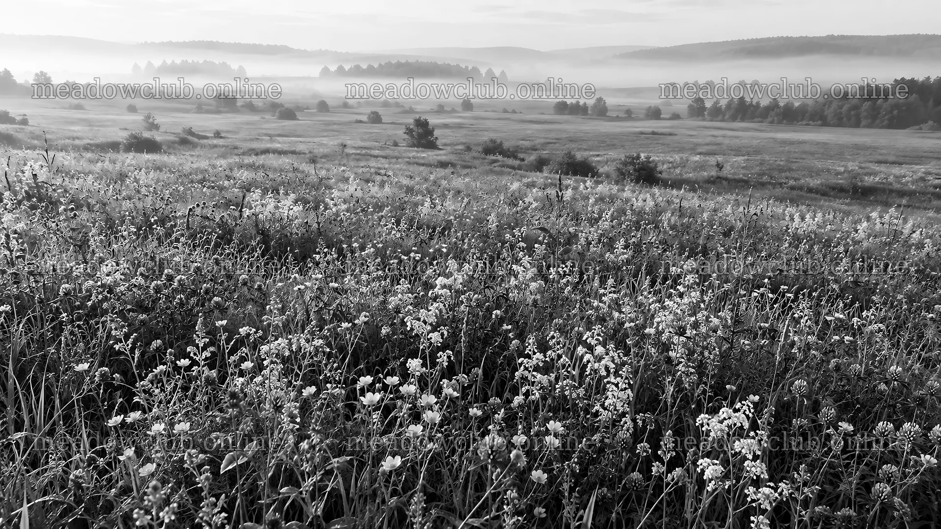 Black and White Wildflower Meadow in Morning Mist – meadow photos 10324x5812