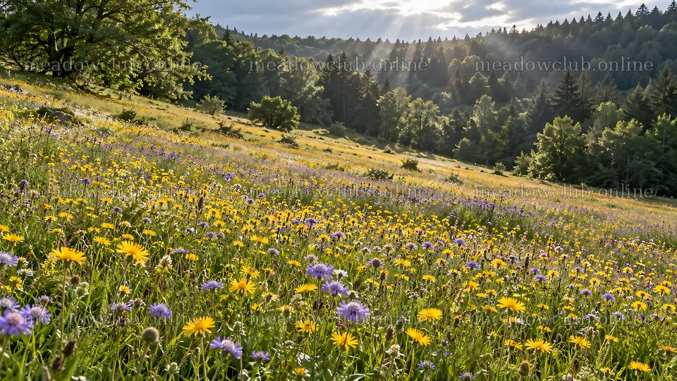 Wildflower Meadow in a Sunlit Forest Clearing – meadow photos 10324x5812