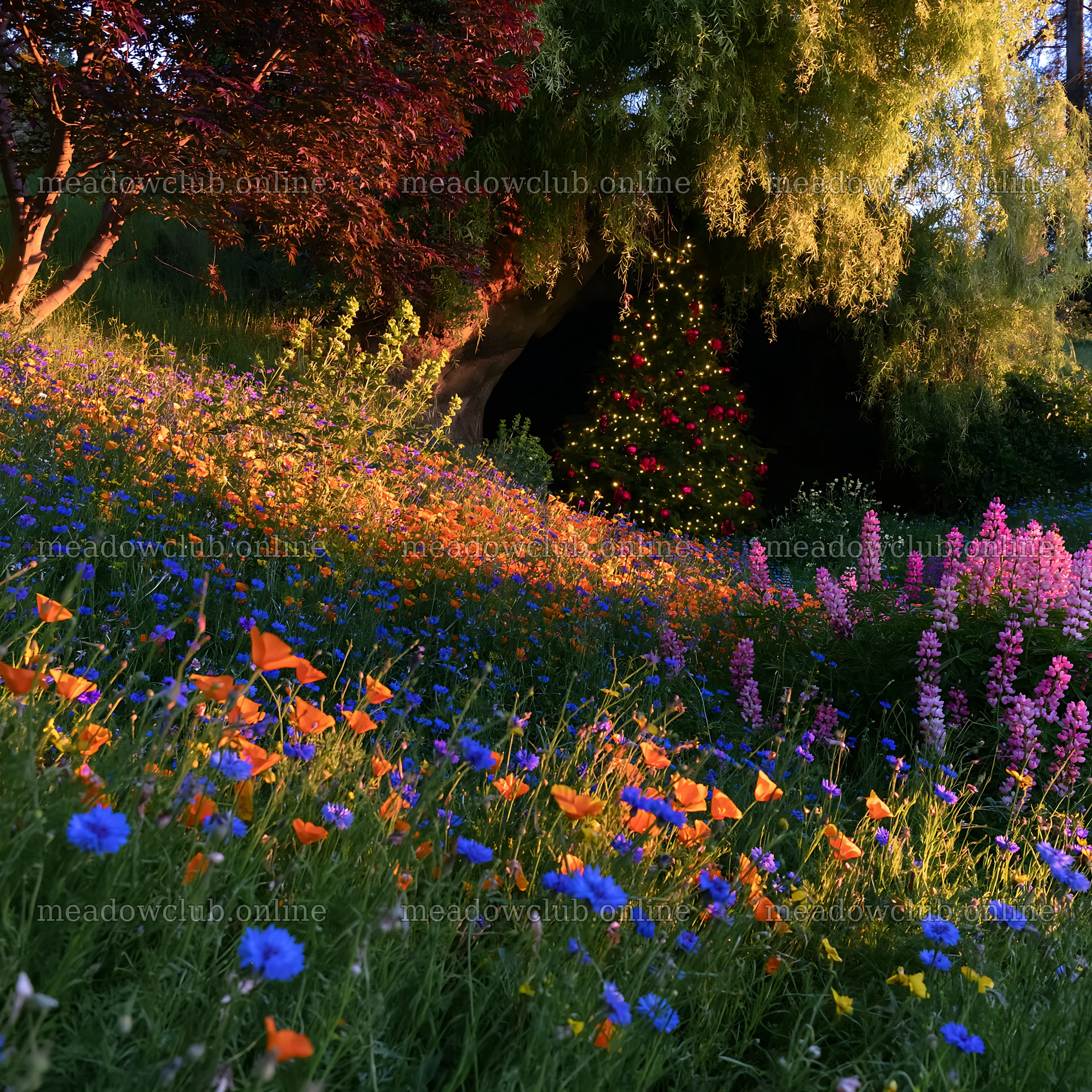 Christmas tree in meadow by cave with flowers and colorful blooms – meadow photos 7938x7938