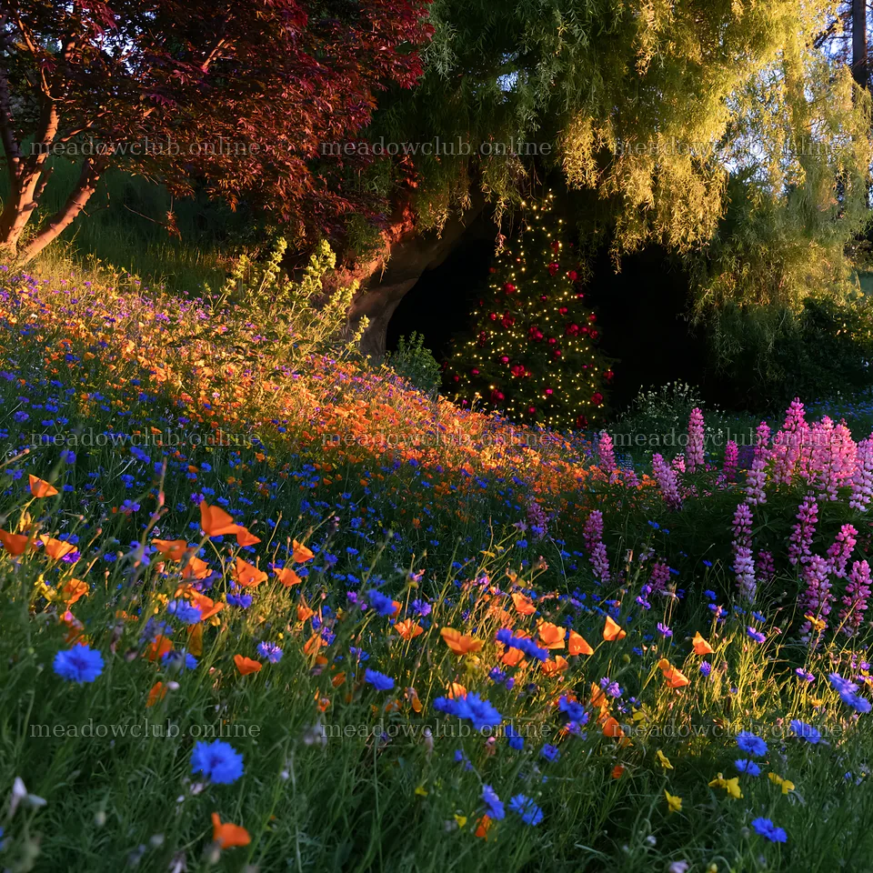 Christmas tree in meadow by cave with flowers and colorful blooms – meadow photos 7938x7938