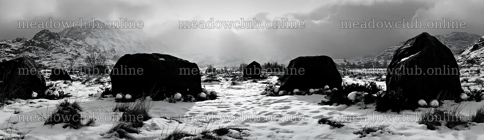 Snowy meadow with Christmas ornaments beneath rays through clouds – meadow photos 14762x4268