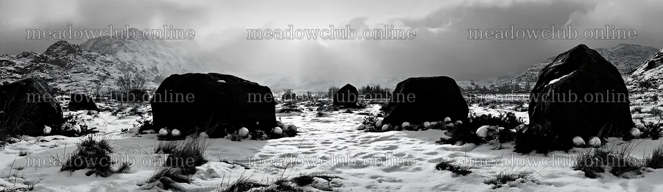 Snowy meadow with Christmas ornaments beneath rays through clouds – meadow photos 14762x4268