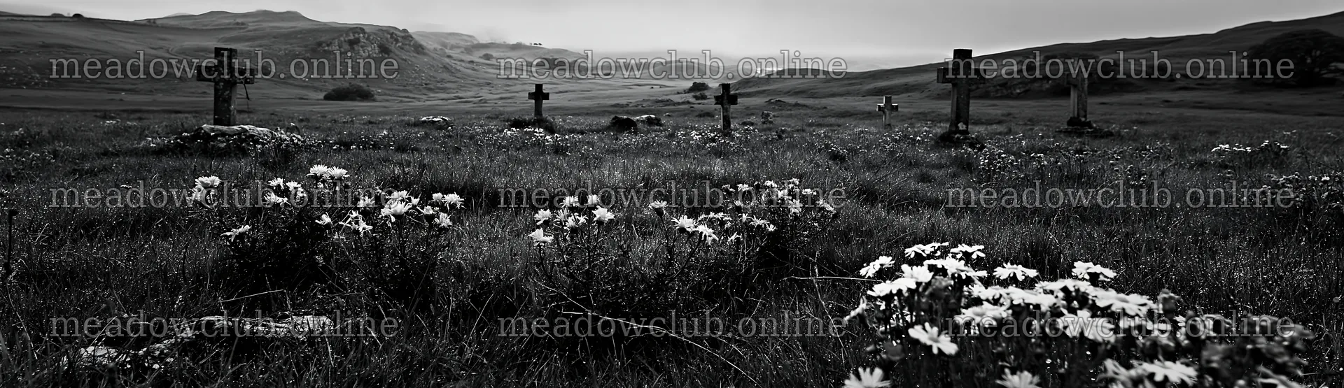 Christian crosses in rain soaked meadow – meadow photos 14762x4268