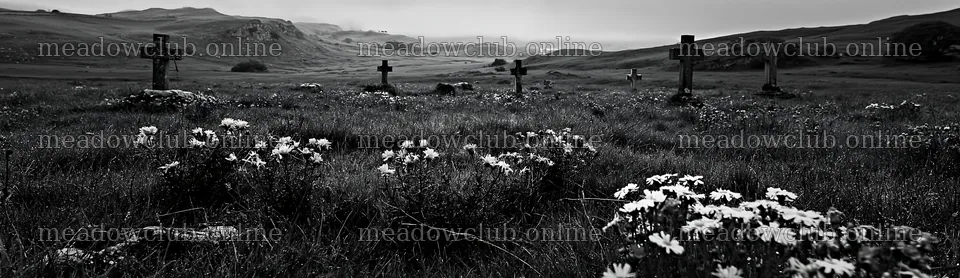 Christian crosses in rain soaked meadow – meadow photos 14762x4268
