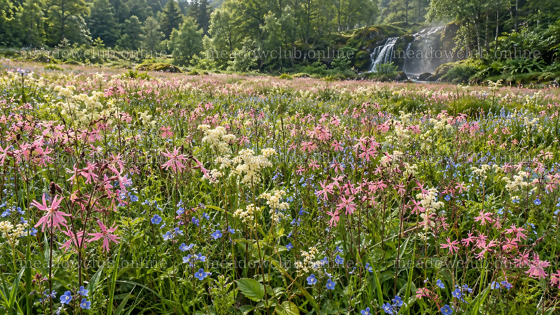 Wildflower Meadow Beneath a Forest Waterfall – meadow photos 10324x5812
