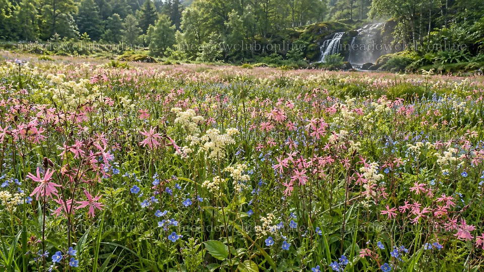 Wildflower Meadow Beneath a Forest Waterfall – meadow photos 10324x5812