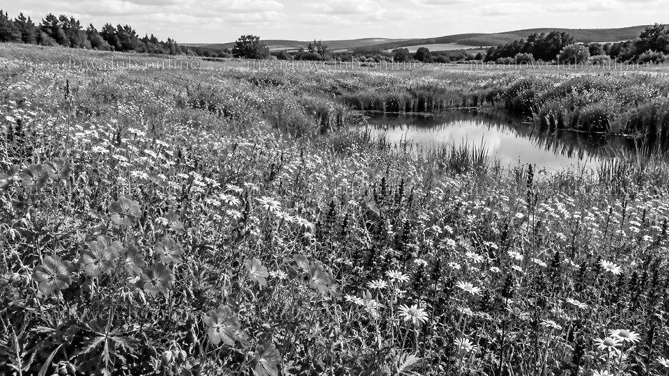 Monochrome Wildflower Meadow Beside a Pond – meadow photos 10324x5812