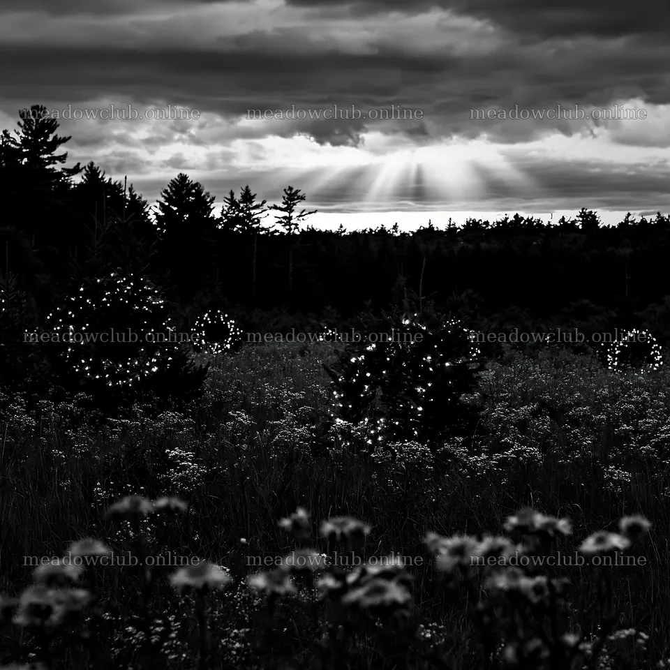 Christmas wreaths in meadow under clouds and rays – meadow photos 7938x7938
