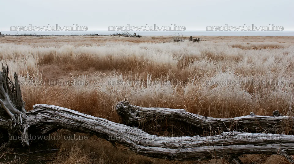 Chiba coastal climate meadow with driftwood in foreground – meadow photos 10608x5938