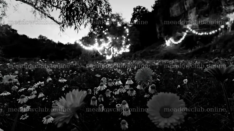 Christmas lights in meadow by cave at dusk – meadow photos 10608x5938